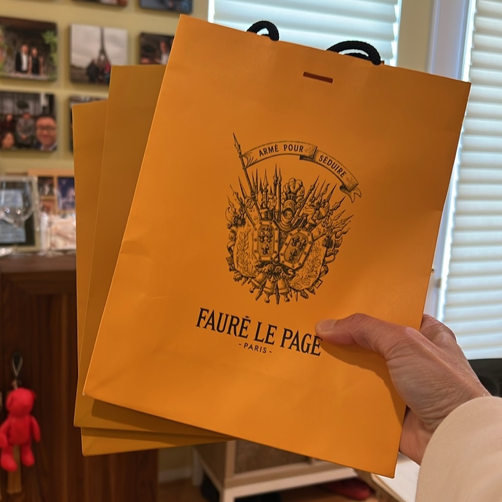 Three Fauré Le Page Yellow Gift Bag and booklet and Card